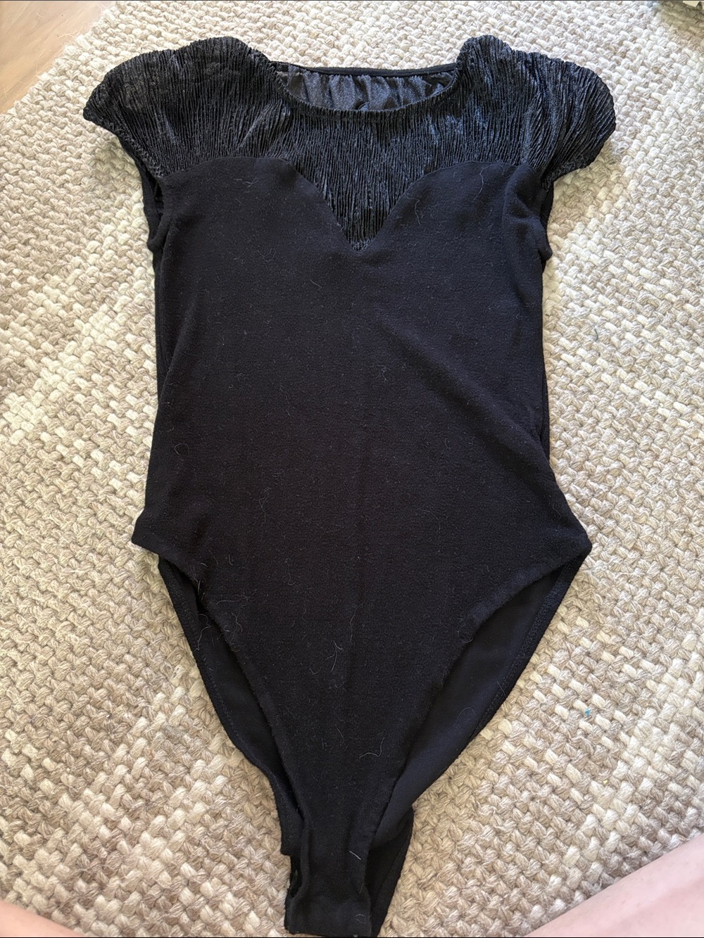 glam Black Short Sleeve Bodysuit with Textured Yoke
